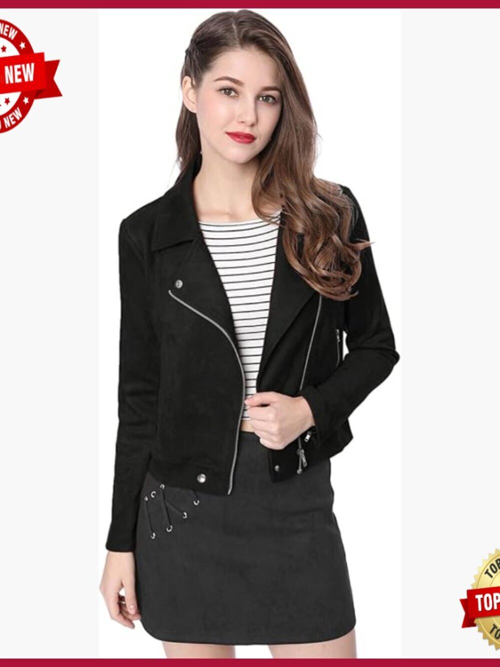 Short Faux Suede Biker Jacket with Asymmetric Zip and Convertible Collar